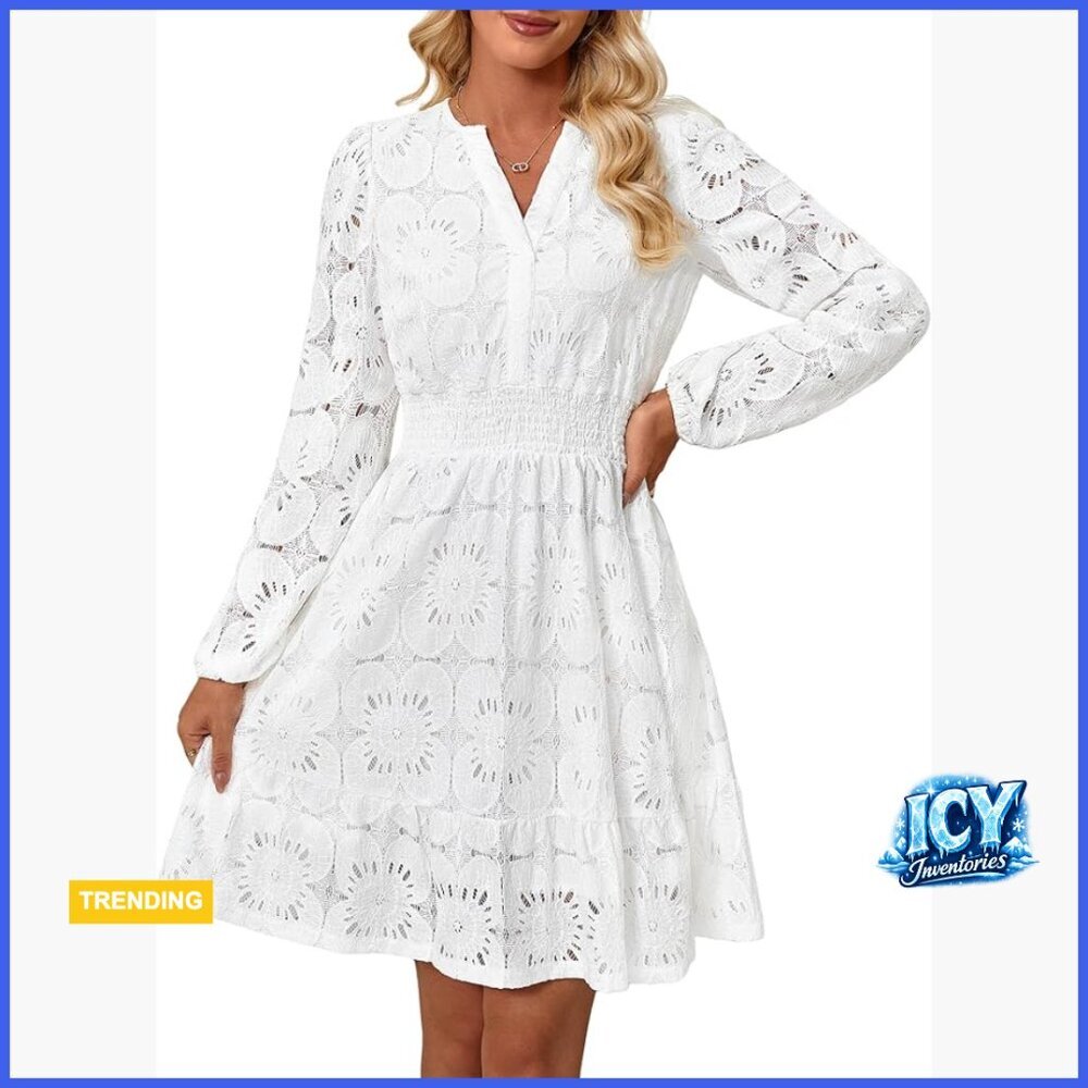 Long Puff Sleeve V-Neck Hollow Out Eyelet Lace Mini Dress
